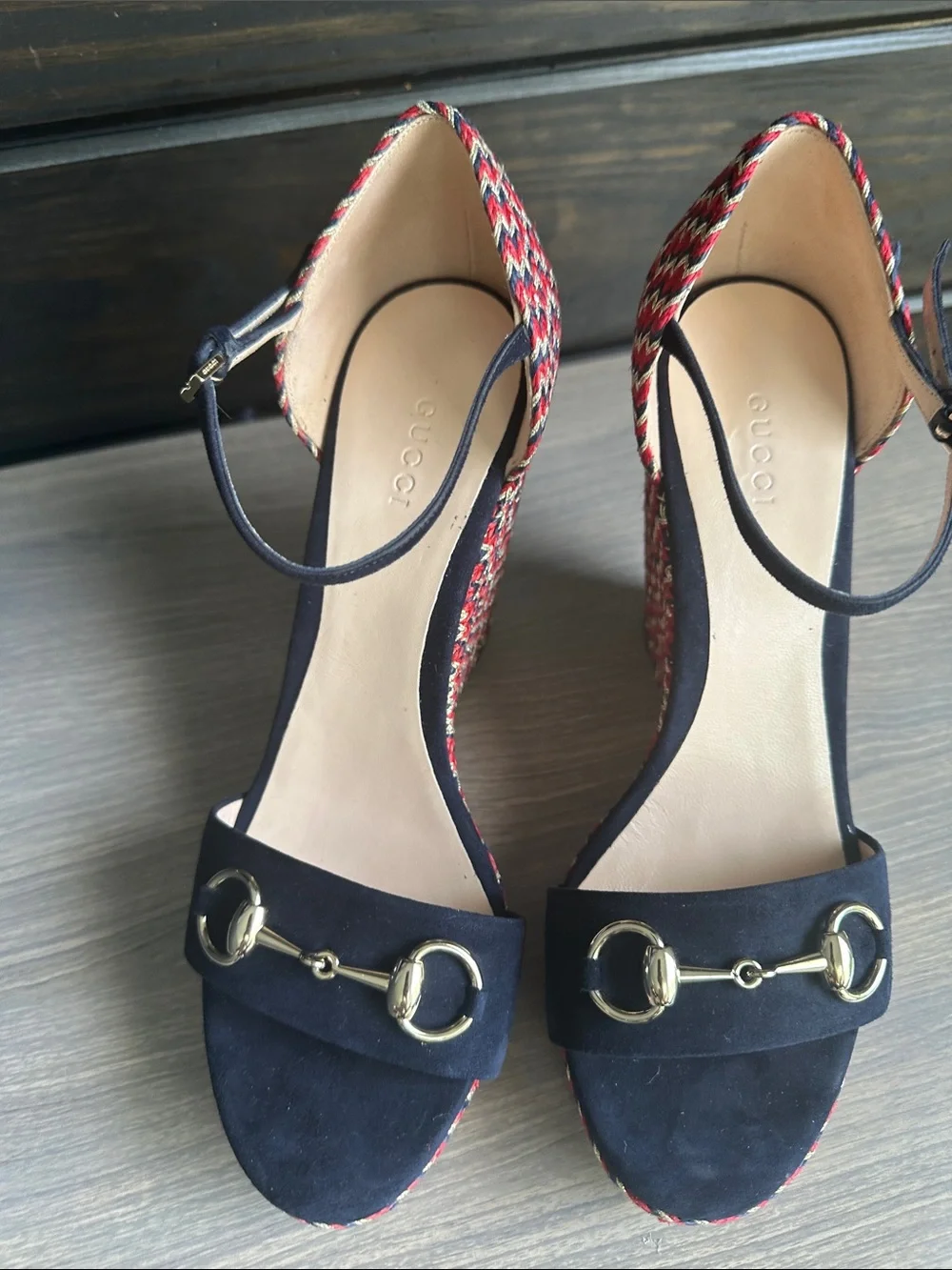 Gucci Navy Suede & Multicolor Woven Wedge Sandals